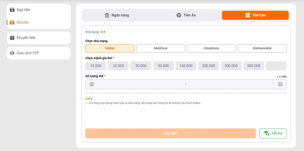 Phương thức rút tiền thành thẻ cào tại XIBET