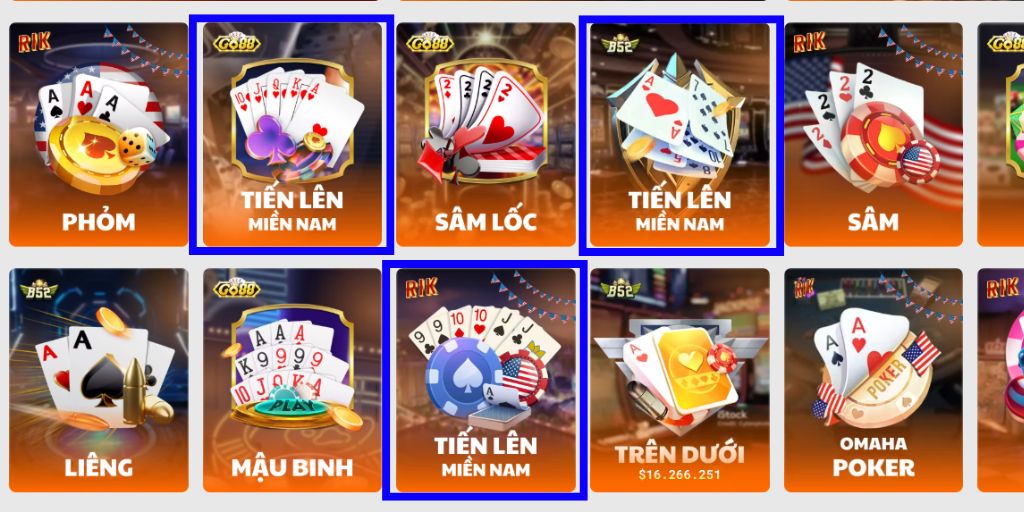 Game bài XIBET có 3 nhà cung cấp Tiến lên miền Nam khác nhau